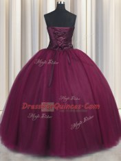 Burgundy Sleeveless Tulle Lace Up Quinceanera Gowns for Military Ball and Sweet 16 and Quinceanera