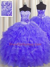 Handcrafted Flower Lavender Sleeveless Beading and Ruffles and Hand Made Flower Floor Length 15th Birthday Dress