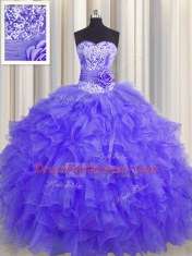 Handcrafted Flower Lavender Sleeveless Beading and Ruffles and Hand Made Flower Floor Length 15th Birthday Dress