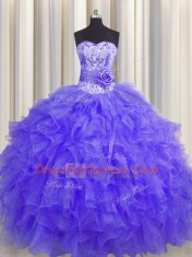 Handcrafted Flower Lavender Sleeveless Beading and Ruffles and Hand Made Flower Floor Length 15th Birthday Dress