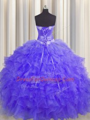 Handcrafted Flower Lavender Sleeveless Beading and Ruffles and Hand Made Flower Floor Length 15th Birthday Dress