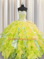 Fantastic Visible Boning Yellow Quinceanera Dress Military Ball and Sweet 16 and Quinceanera and For with Beading and Ruffles and Sequins Sweetheart Sleeveless Lace Up