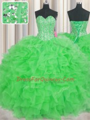 Beautiful Visible Boning Sweetheart Sleeveless Organza 15 Quinceanera Dress Beading and Ruffles Lace Up