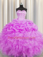 Visible Boning Sleeveless Beading and Ruffles and Pick Ups Lace Up 15 Quinceanera Dress