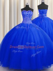 Smart Puffy Skirt Sweetheart Sleeveless 15th Birthday Dress Floor Length Beading Royal Blue Tulle