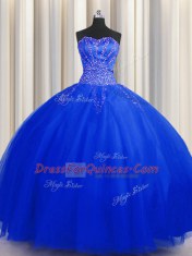 Smart Puffy Skirt Sweetheart Sleeveless 15th Birthday Dress Floor Length Beading Royal Blue Tulle