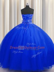 Smart Puffy Skirt Sweetheart Sleeveless 15th Birthday Dress Floor Length Beading Royal Blue Tulle