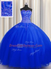 Smart Puffy Skirt Sweetheart Sleeveless 15th Birthday Dress Floor Length Beading Royal Blue Tulle