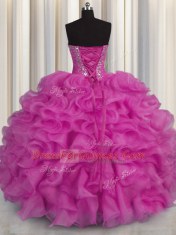 Deluxe Sweetheart Sleeveless Organza Quinceanera Gowns Beading and Ruffles Lace Up