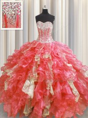 Beauteous Visible Boning Sweetheart Sleeveless Quinceanera Gowns Floor Length Beading and Ruffles and Sequins Watermelon Red Organza and Sequined