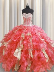 Beauteous Visible Boning Sweetheart Sleeveless Quinceanera Gowns Floor Length Beading and Ruffles and Sequins Watermelon Red Organza and Sequined