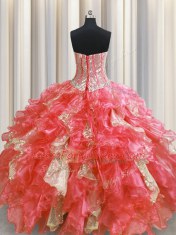 Beauteous Visible Boning Sweetheart Sleeveless Quinceanera Gowns Floor Length Beading and Ruffles and Sequins Watermelon Red Organza and Sequined