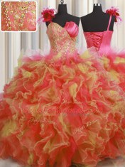 Handcrafted Flower Floor Length Multi-color Quinceanera Dress One Shoulder Sleeveless Lace Up