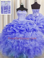 Flirting Visible Boning Purple Sleeveless Beading and Ruffles and Pick Ups Floor Length Sweet 16 Quinceanera Dress