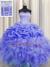 Flirting Visible Boning Purple Sleeveless Beading and Ruffles and Pick Ups Floor Length Sweet 16 Quinceanera Dress