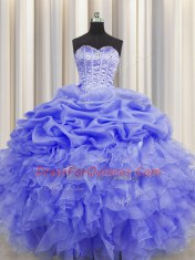 Flirting Visible Boning Purple Sleeveless Beading and Ruffles and Pick Ups Floor Length Sweet 16 Quinceanera Dress