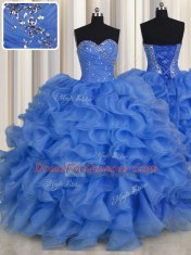 Top Selling Blue Sweetheart Lace Up Beading and Ruffles Ball Gown Prom Dress Sleeveless