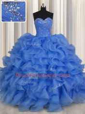 Top Selling Blue Sweetheart Lace Up Beading and Ruffles Ball Gown Prom Dress Sleeveless