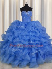 Top Selling Blue Sweetheart Lace Up Beading and Ruffles Ball Gown Prom Dress Sleeveless