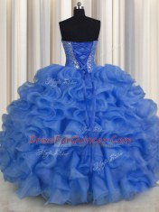 Top Selling Blue Sweetheart Lace Up Beading and Ruffles Ball Gown Prom Dress Sleeveless