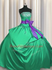Pick Ups Bowknot Floor Length Green Sweet 16 Quinceanera Dress Strapless Sleeveless Lace Up