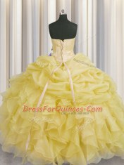 Sleeveless Floor Length Beading and Ruffles Lace Up Sweet 16 Dresses with Light Yellow