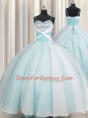 Ball Gowns Quinceanera Dress Aqua Blue Spaghetti Straps Organza Sleeveless Floor Length Lace Up