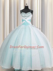 Ball Gowns Quinceanera Dress Aqua Blue Spaghetti Straps Organza Sleeveless Floor Length Lace Up