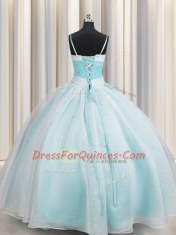 Ball Gowns Quinceanera Dress Aqua Blue Spaghetti Straps Organza Sleeveless Floor Length Lace Up