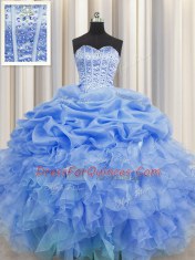 Visible Boning Blue Organza Lace Up Sweetheart Sleeveless Floor Length Ball Gown Prom Dress Beading and Ruffles and Pick Ups