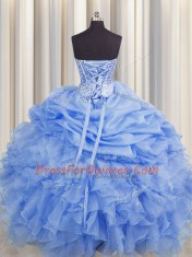 Visible Boning Blue Organza Lace Up Sweetheart Sleeveless Floor Length Ball Gown Prom Dress Beading and Ruffles and Pick Ups