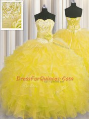 New Style Handcrafted Flower Gold Ball Gowns Beading and Ruffles and Hand Made Flower Quince Ball Gowns Lace Up Organza Sleeveless Floor Length