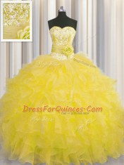 New Style Handcrafted Flower Gold Ball Gowns Beading and Ruffles and Hand Made Flower Quince Ball Gowns Lace Up Organza Sleeveless Floor Length