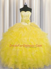 New Style Handcrafted Flower Gold Ball Gowns Beading and Ruffles and Hand Made Flower Quince Ball Gowns Lace Up Organza Sleeveless Floor Length