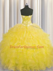 New Style Handcrafted Flower Gold Ball Gowns Beading and Ruffles and Hand Made Flower Quince Ball Gowns Lace Up Organza Sleeveless Floor Length