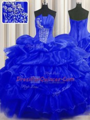 Traditional Pick Ups Strapless Sleeveless Lace Up 15th Birthday Dress Royal Blue Organza