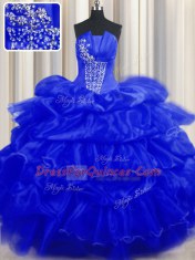 Traditional Pick Ups Strapless Sleeveless Lace Up 15th Birthday Dress Royal Blue Organza