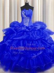 Traditional Pick Ups Strapless Sleeveless Lace Up 15th Birthday Dress Royal Blue Organza