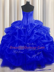 Traditional Pick Ups Strapless Sleeveless Lace Up 15th Birthday Dress Royal Blue Organza