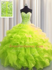 Visible Boning Sweetheart Sleeveless Quinceanera Dress Floor Length Beading and Ruffles Yellow Green Organza
