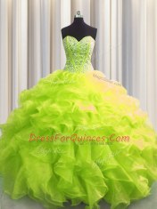 Visible Boning Sweetheart Sleeveless Quinceanera Dress Floor Length Beading and Ruffles Yellow Green Organza