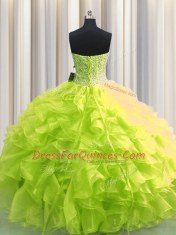 Visible Boning Sweetheart Sleeveless Quinceanera Dress Floor Length Beading and Ruffles Yellow Green Organza
