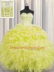 High Quality Visible Boning Floor Length Lace Up Quinceanera Gowns Yellow for Military Ball and Sweet 16 and Quinceanera with Beading and Ruffles and Pick Ups