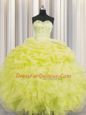 High Quality Visible Boning Floor Length Lace Up Quinceanera Gowns Yellow for Military Ball and Sweet 16 and Quinceanera with Beading and Ruffles and Pick Ups