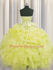 High Quality Visible Boning Floor Length Lace Up Quinceanera Gowns Yellow for Military Ball and Sweet 16 and Quinceanera with Beading and Ruffles and Pick Ups