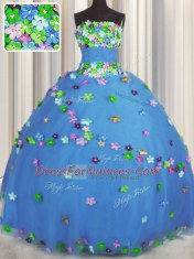 Floor Length Lace Up Ball Gown Prom Dress Blue for Military Ball and Sweet 16 and Quinceanera with Hand Made Flower