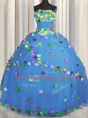 Floor Length Lace Up Ball Gown Prom Dress Blue for Military Ball and Sweet 16 and Quinceanera with Hand Made Flower
