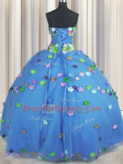 Floor Length Lace Up Ball Gown Prom Dress Blue for Military Ball and Sweet 16 and Quinceanera with Hand Made Flower