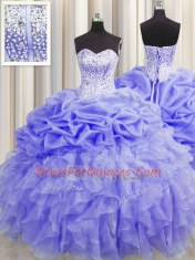 Fashion Visible Boning Floor Length Lace Up Ball Gown Prom Dress Lavender for Military Ball and Sweet 16 and Quinceanera with Beading and Ruffles and Pick Ups