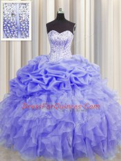 Fashion Visible Boning Floor Length Lace Up Ball Gown Prom Dress Lavender for Military Ball and Sweet 16 and Quinceanera with Beading and Ruffles and Pick Ups